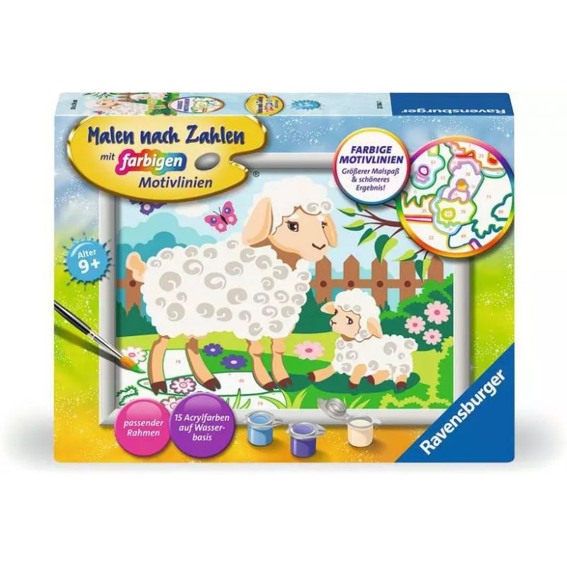 Malset mit Schaf- und Lamm-Motiv, Farbtöpfchen und Pinsel, geeignet für Kinder ab 9 Jahren.