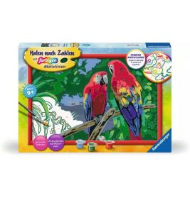 Malset-Box mit zwei bunten Papageien auf Ästen, inklusive Farbtöpfchen und Pinseln.