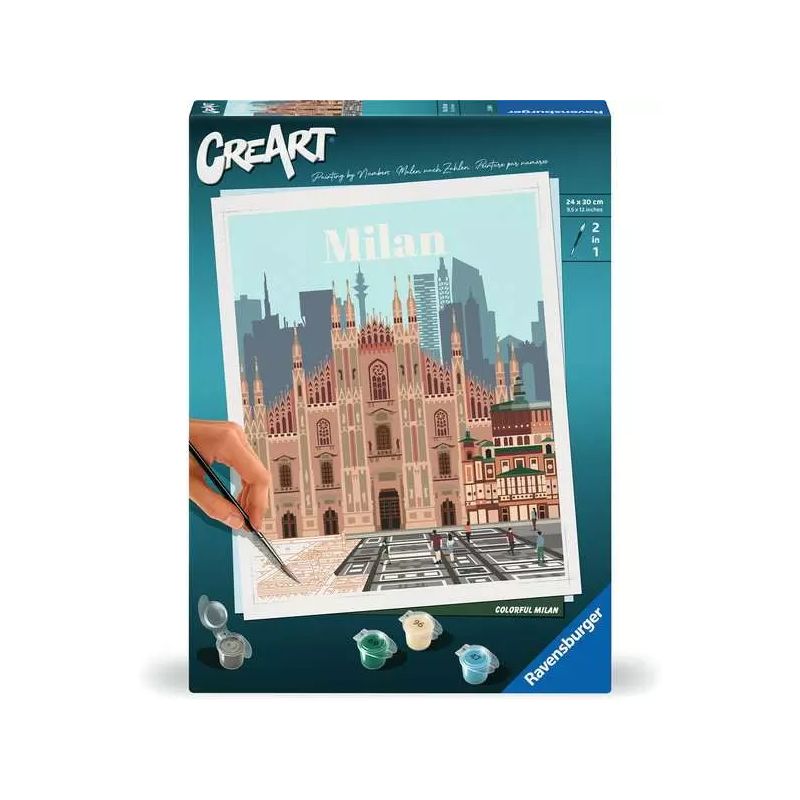 Malset-Box mit einer Illustration des Mailänder Doms, die von einer Hand ausgemalt wird.