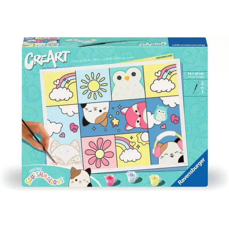 Malset mit niedlichen Squishmallows, Regenbögen, Wolken und Blumen auf der Verpackung.