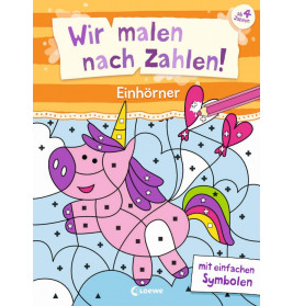 Malbuch-Einband: Rosa Einhorn, Zahlen und deutscher Text für kleine Kinder.