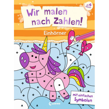 Malbuch-Einband: Rosa Einhorn, Zahlen und deutscher Text für kleine Kinder.