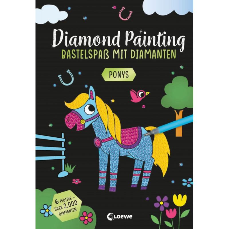 Bunt illustriertes Pony mit Diamanten, Vogel, Blumen und deutschem Text auf schwarzem Hintergrund.