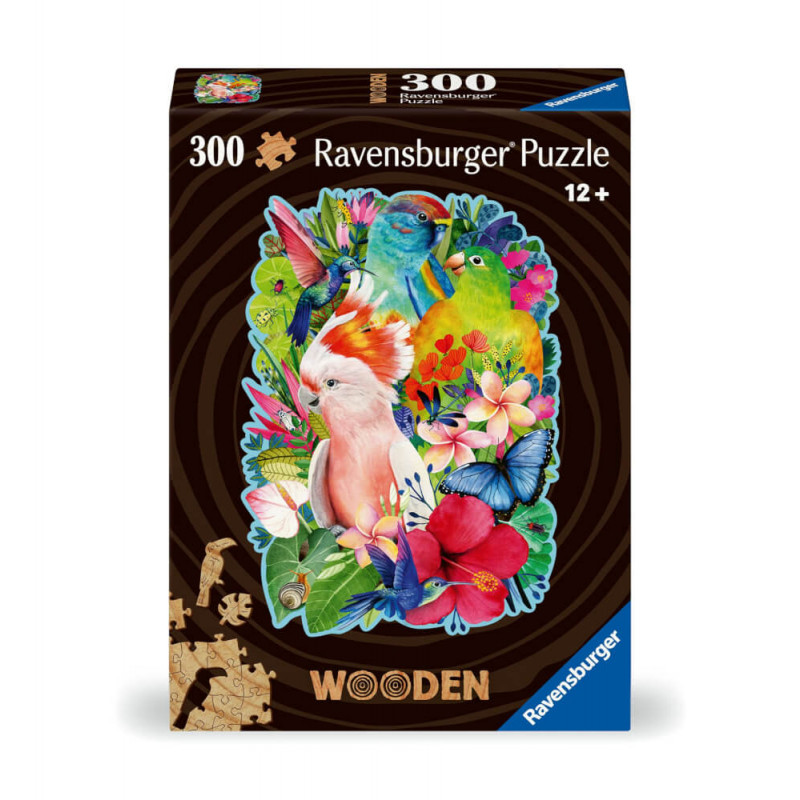 Schachtel eines 300-teiligen Ravensburger Puzzles mit bunten Vögeln und Blumen auf dem Cover.