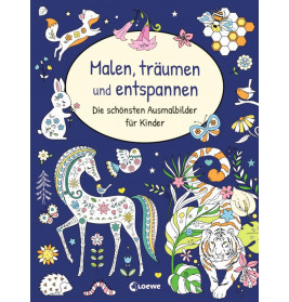 Bunte Tiere und Pflanzen umgeben den deutschen Titel eines Kinder-Malbuchs auf dunkelblauem Hintergrund.