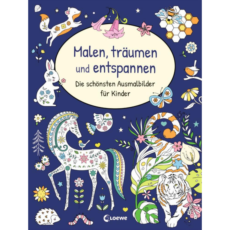 Bunte Tiere und Pflanzen umgeben den deutschen Titel eines Kinder-Malbuchs auf dunkelblauem Hintergrund.