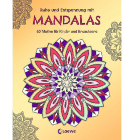 Cover eines deutschen Mandala-Malbuchs mit bunten Mandalas und Schrift auf gelbem Hintergrund.