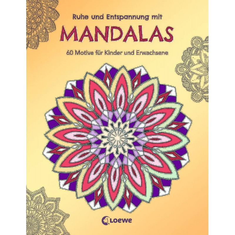 Cover eines deutschen Mandala-Malbuchs mit bunten Mandalas und Schrift auf gelbem Hintergrund.