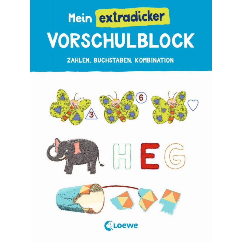 Buntes deutsches Vorschulheft mit Schmetterlingen, Elefanten, Buchstaben und geometrischen Formen auf dem Einband.