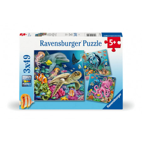 Ravensburger Puzzle mit bunten Unterwasser-Tiermotiven, geeignet für Kinder ab 5 Jahren.