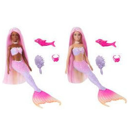 Zwei Meerjungfrauen-Puppen mit langem Haar, rosa und lila Schwanz sowie kleinen meeresbezogenen Accessoires.