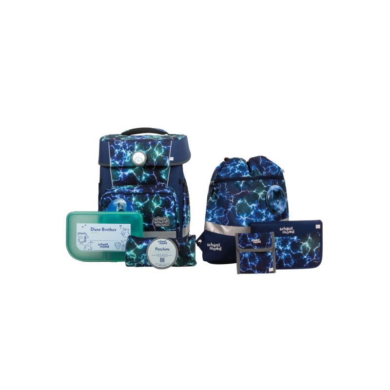 Blaues Schulset mit Blitz-Motiv: Rucksäcke, Federmäppchen und Brotdosen.