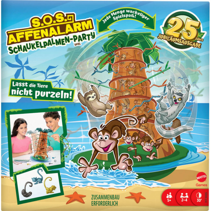 Bunte Spieleschachtel mit Affen, Palme, spielenden Kindern und Hinweis auf die 25-Jahre-Jubiläumsausgabe. Bunte Spieleschachtel mit Affen, Palme, spielenden Kindern und Hinweis auf die 25-Jahre-Jubiläumsausgabe.