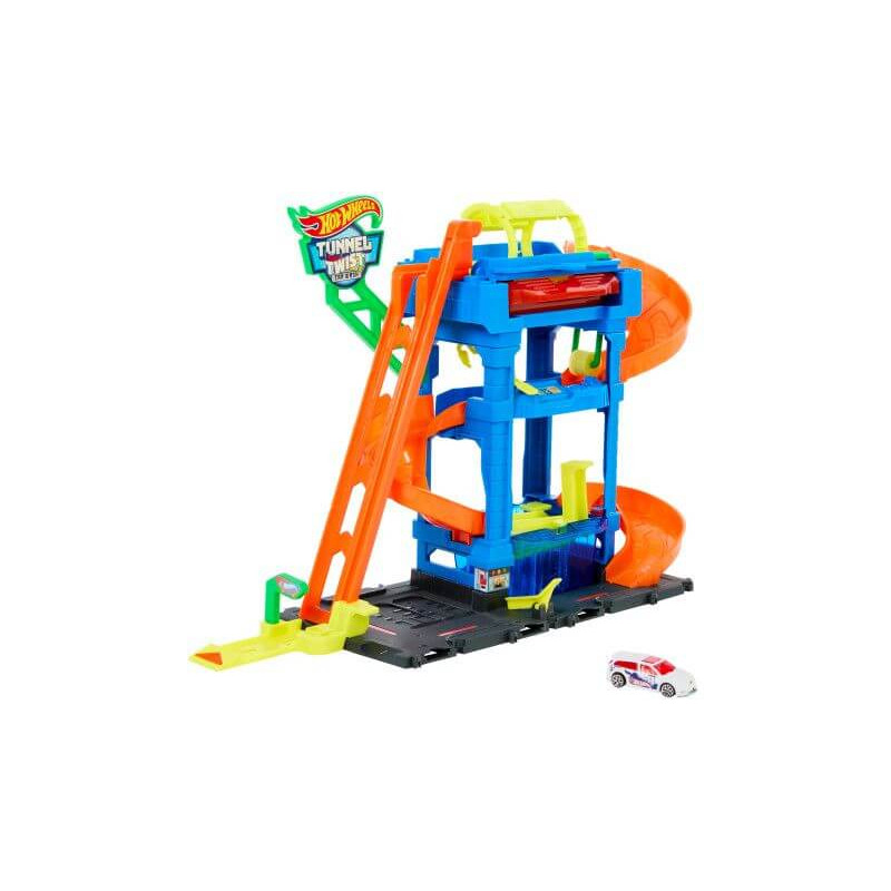 Buntes Hot Wheels Spiel-Set mit orangenen Rampen und einem kleinen weißen Spielzeugauto in der Nähe.