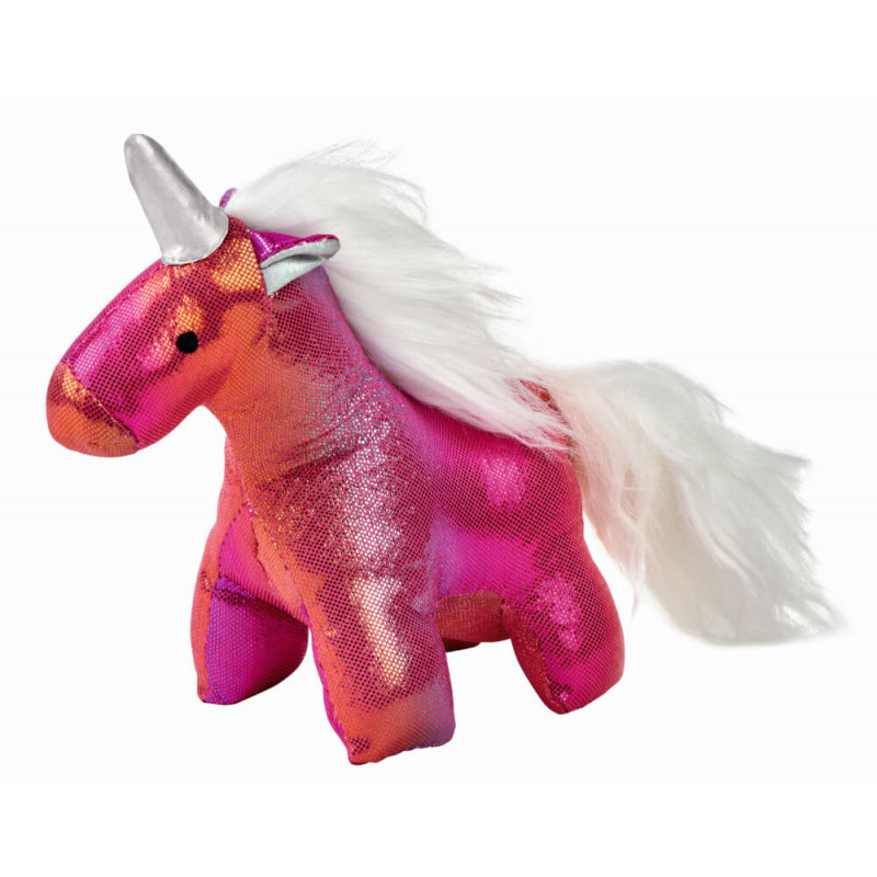 Plüsch-Einhorn mit rosa und orangefarbenen Pailletten, silbernem Horn sowie weißer Mähne und Schweif.