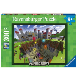 Ravensburger 300-Teile Minecraft-Puzzle mit pixeliger Burg- und Höhlenszene, empfohlen ab 9 Jahren.