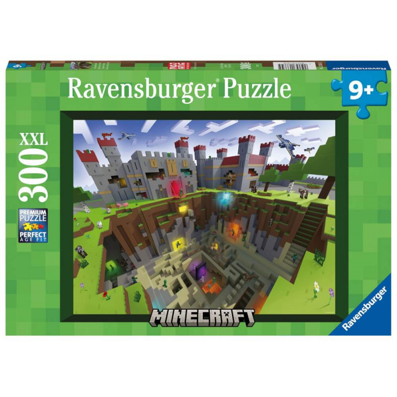 Ravensburger 300-Teile Minecraft-Puzzle mit pixeliger Burg- und Höhlenszene, empfohlen ab 9 Jahren.