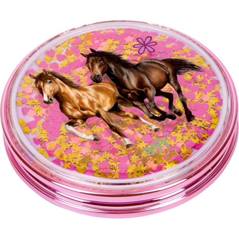 Runde rosa Dose mit zwei galoppierenden Pferden, gelbem Stern-Konfetti und Blumenmuster auf pinkem Hintergrund.