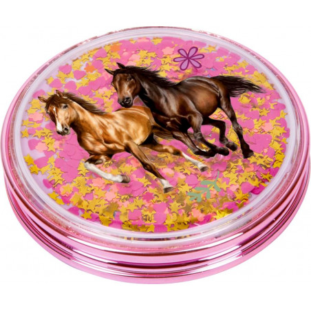 Runde rosa Dose mit zwei galoppierenden Pferden, gelbem Stern-Konfetti und Blumenmuster auf pinkem Hintergrund.