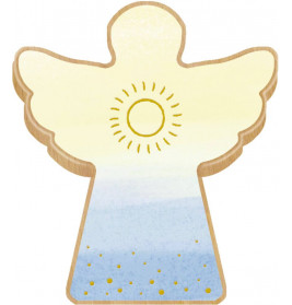 Holzengel mit gelber Sonne in der Mitte und blauen Akzenten am Fußende.