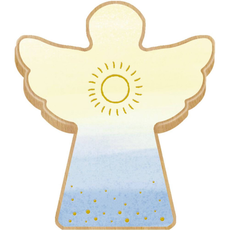 Holzengel mit gelber Sonne in der Mitte und blauen Akzenten am Fußende.