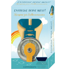 Kompass mit blauen und gelben Akzenten, deutsch beschriftet zur Kommunion, mit nautischen Motiven in Geschenkbox.