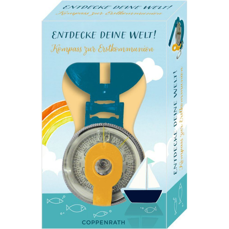Kompass mit blauen und gelben Akzenten, deutsch beschriftet zur Kommunion, mit nautischen Motiven in Geschenkbox.