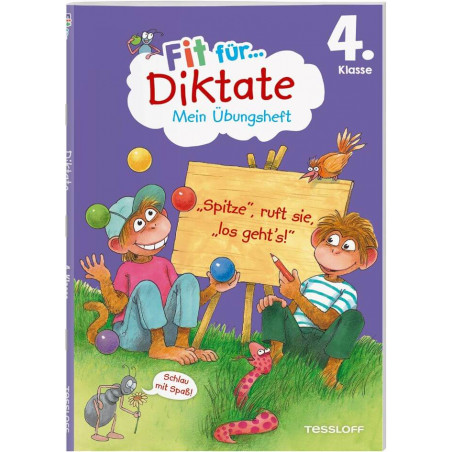 Cover eines deutschen Diktatheftes für die 4. Klasse mit buntem Text und lustigen Cartoon-Tieren.