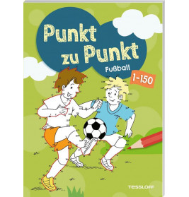 Zwei gezeichnete Kinder spielen auf grünem Feld Fußball Titel: Punkt zu Punkt Fußball 1-150.