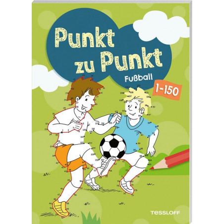 Zwei gezeichnete Kinder spielen auf grünem Feld Fußball Titel: Punkt zu Punkt Fußball 1-150.