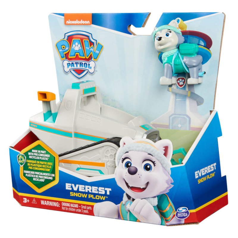 Paw Patrol Everest Schneepflug-Spielzeug im Karton mit Everest-Figur und Schneepflug-Fahrzeug. Paw Patrol Everest Schneepflug-Spielzeug im Karton mit Everest-Figur und Schneepflug-Fahrzeug.