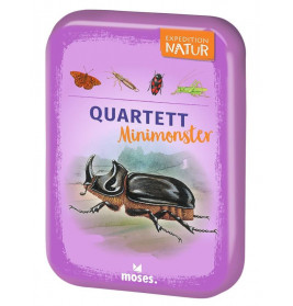 Lila Blechdose mit Aufschrift Quartett Minimonster, Insektenmotiven und großem Käferbild.