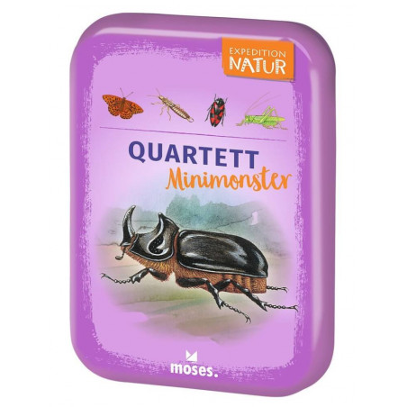Lila Blechdose mit Aufschrift Quartett Minimonster, Insektenmotiven und großem Käferbild.