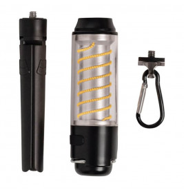 Kompakte LED-Laterne mit faltbarem Stativ, Karabiner und Befestigungsschraube.