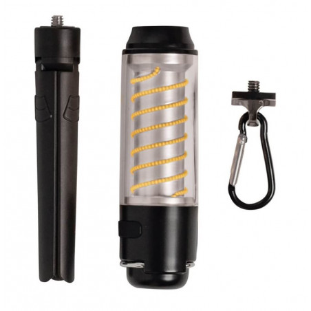 Kompakte LED-Laterne mit faltbarem Stativ, Karabiner und Befestigungsschraube.