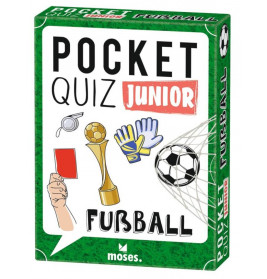 Grüne Box Pocket Quiz Junior: Fußball mit Abbildungen von Fußball, Handschuhen, Pokal und roter Karte.