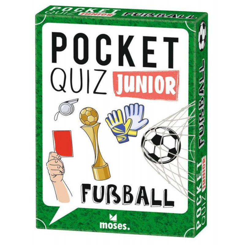 Grüne Box Pocket Quiz Junior: Fußball mit Abbildungen von Fußball, Handschuhen, Pokal und roter Karte.