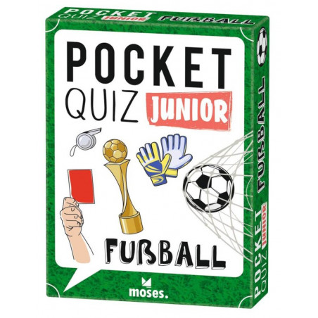 Grüne Box Pocket Quiz Junior: Fußball mit Abbildungen von Fußball, Handschuhen, Pokal und roter Karte.