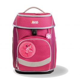 Rosa Kinder-Rucksack mit Feenmotiv, Stern-Abzeichen, grauen Akzenten und Griff.