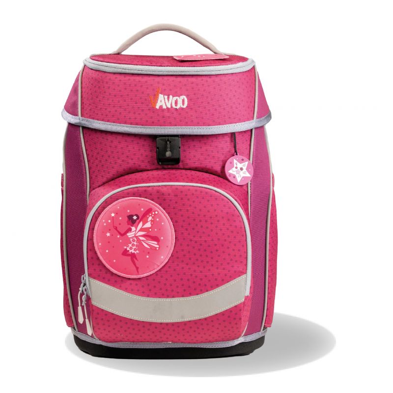 Rosa Kinder-Rucksack mit Feenmotiv, Stern-Abzeichen, grauen Akzenten und Griff. Rosa Kinder-Rucksack mit Feenmotiv, Stern-Abzeichen, grauen Akzenten und Griff.