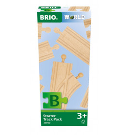 BRIO World Starter Track Pack, ab 3 Jahren, zeigt Holzgleisteile auf der Verpackung.