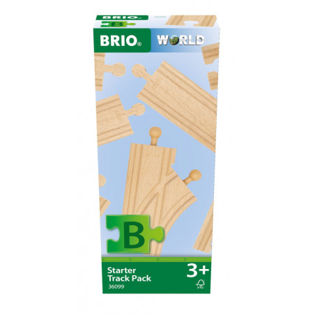 BRIO World Starter Track Pack, ab 3 Jahren, zeigt Holzgleisteile auf der Verpackung.