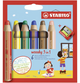 Buntstift, Wasserfarbe & Wachsmalkreide - STABILO woody 3 in 1 - 6er Pack mit Spitzer - mit 6 versch