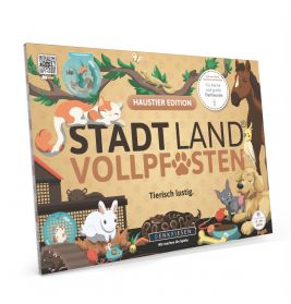 Spielschachtel Stadt Land Vollpfosten Haustier Edition mit Tier-Illustrationen und Haustier-Motiven.