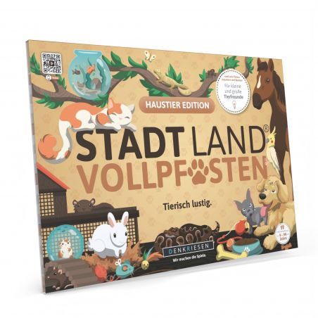 Spielschachtel Stadt Land Vollpfosten Haustier Edition mit Tier-Illustrationen und Haustier-Motiven.