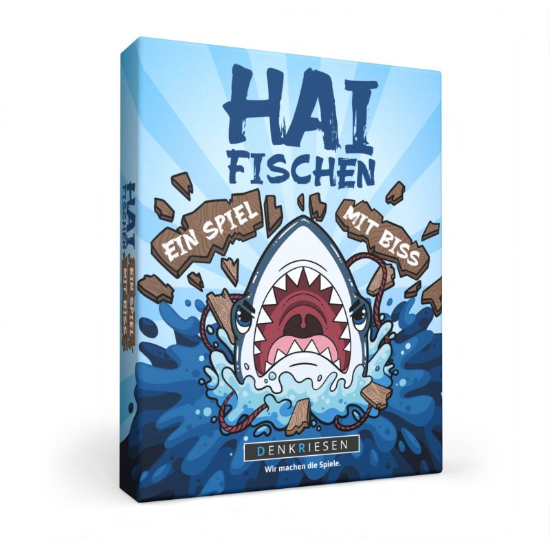 Spielschachtel mit Cartoon-Hai, der durch Holz bricht. Aufschrift: HAI FISCHEN - Ein Spiel mit Biss.