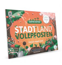 Box der Stadt Land Vollpfosten Garden Edition mit Gartenmotiven auf orangefarbenem Hintergrund.