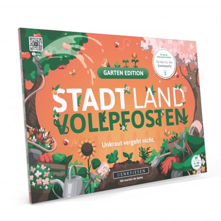 Box der Stadt Land Vollpfosten Garden Edition mit Gartenmotiven auf orangefarbenem Hintergrund.