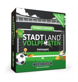 Stadt Land Vollposten: Fußball Edition Kartenspiel, Box mit Fußballfeld und Ball auf dem Cover.