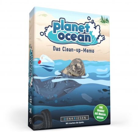 Spielbox von Planet Ocean: Das Clean-up-Memo mit einer Robbe und Meeresmüll wie Flaschen und Reifen.